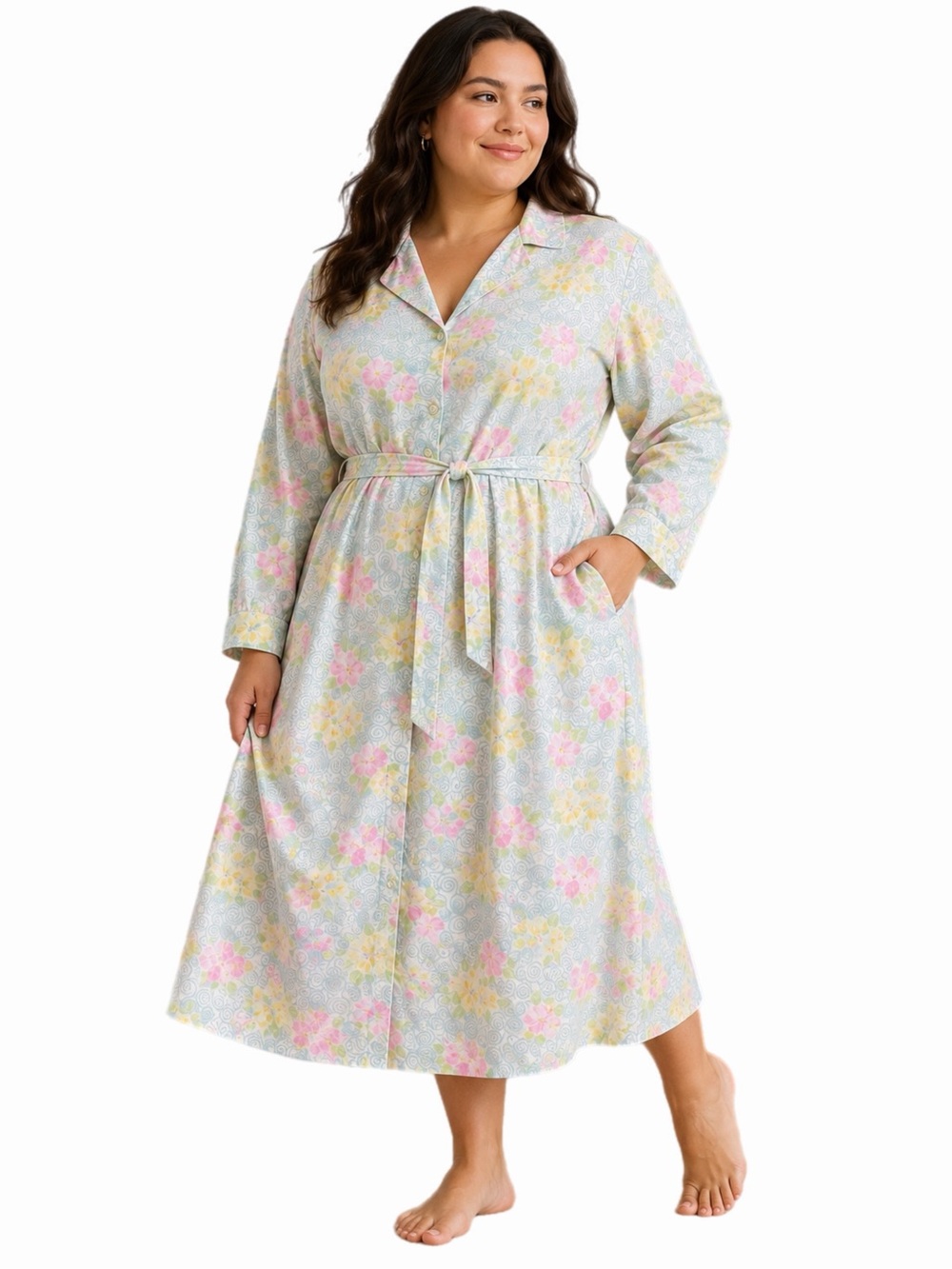 50s/60s European Vintage Pastel Floral Swirl Belted Midi Nightgown (Multi) XL